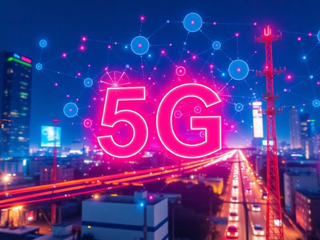 Imagine modernă cu tehnologie 5G și antene interconectate.