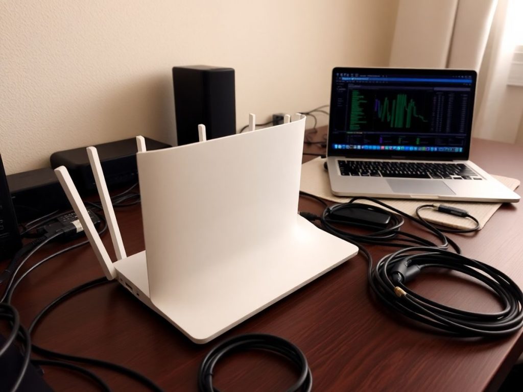 Birou acasă modern cu router și laptop organizate.
