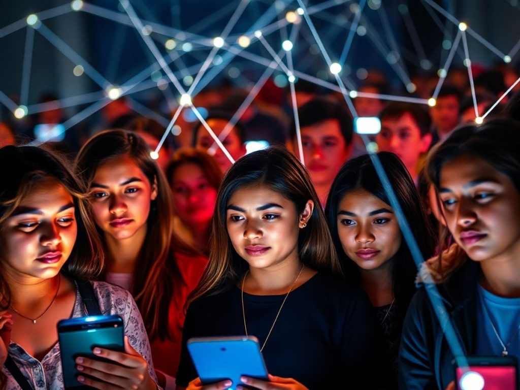 Oameni conectați prin linii luminoase de rețea.