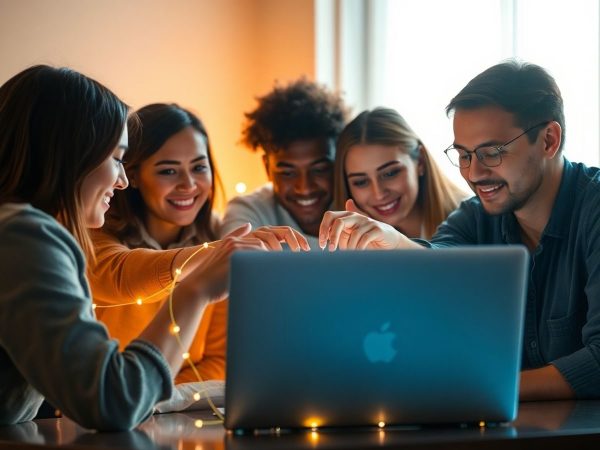 Oameni colaborând în jurul unui laptop, cu conexiuni luminoase.