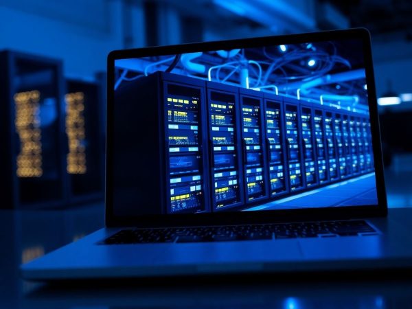 Laptop conectat la un server