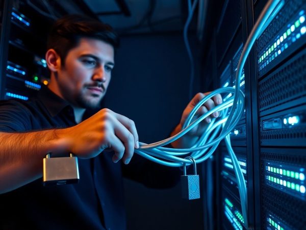 Administrator IT conectând cabluri într-o sală server cu lumină albastră