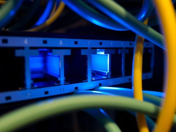 Switch-uri de rețea cu cabluri conectate și lumini LED.